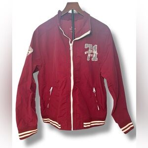 DISNEY PARKS‎ WDW Varsity Zip Up Jacket Burgundy 71 Logo Pockets Sz L EUC